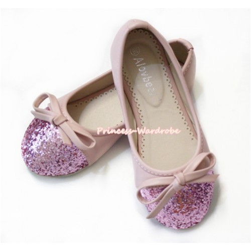 Nude Light Pink Bow Sparkle Slip On Elegant Girl Shoes D01-23Pink  